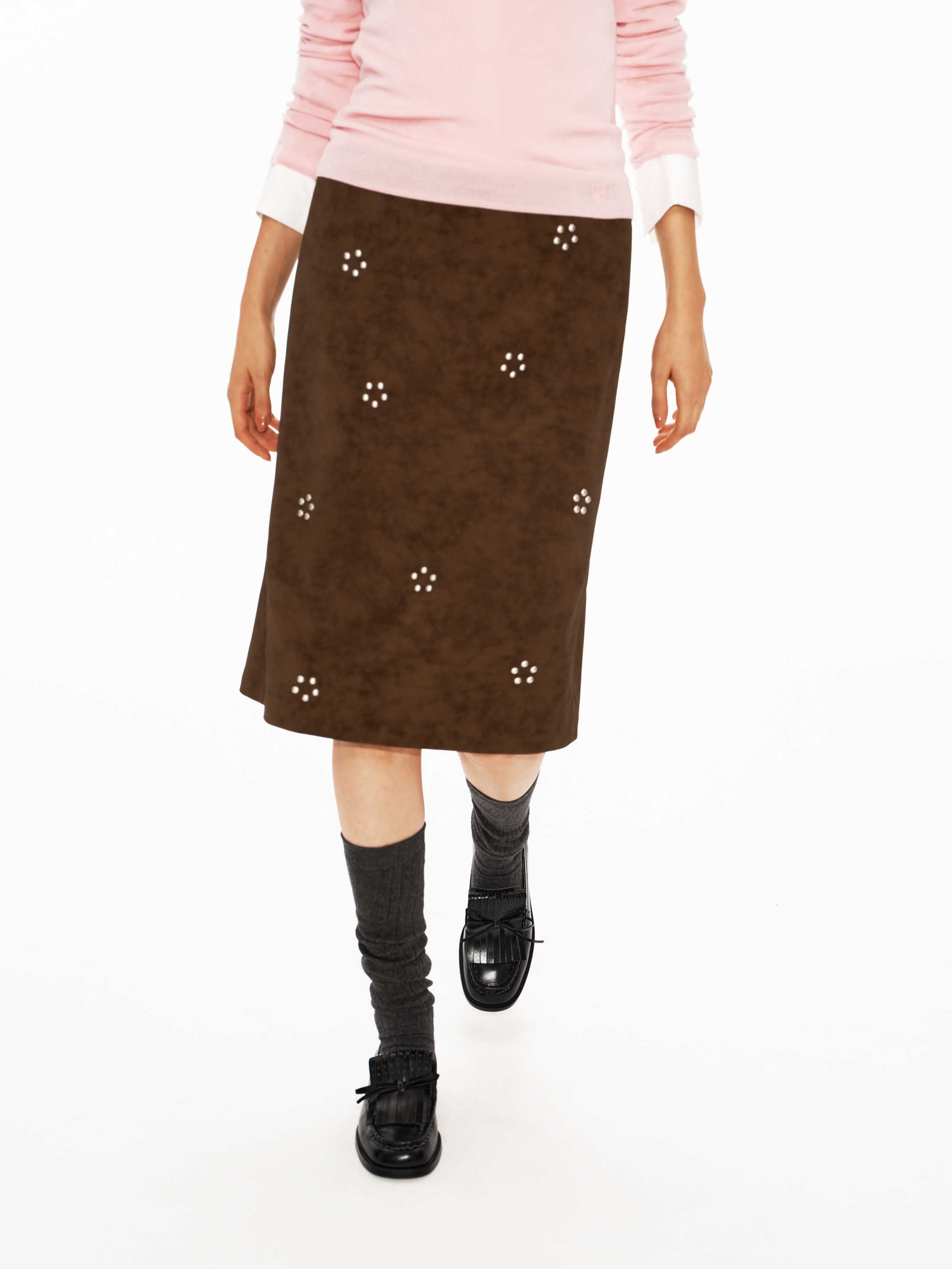 Suede Floral Beaded Mid-Low Rise H-Line Skirt