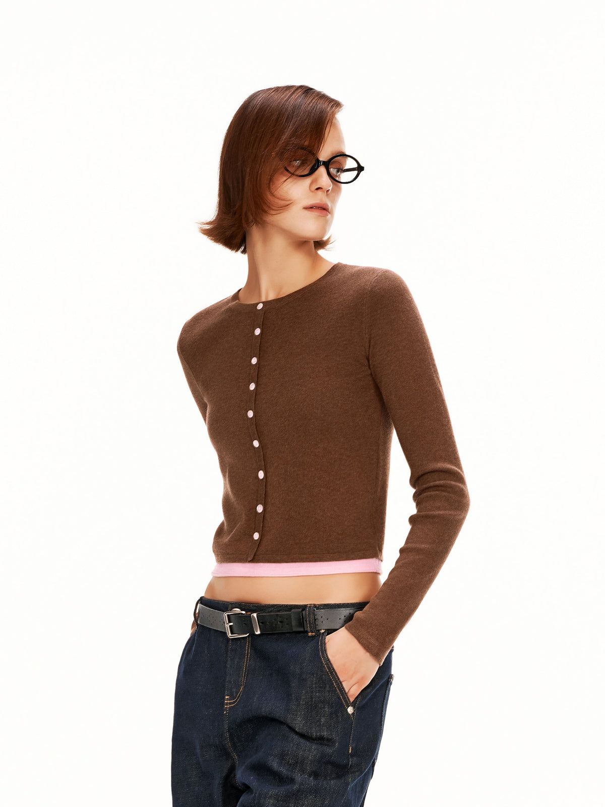 Contrast Faux-Layer Cropped Knit Pullover