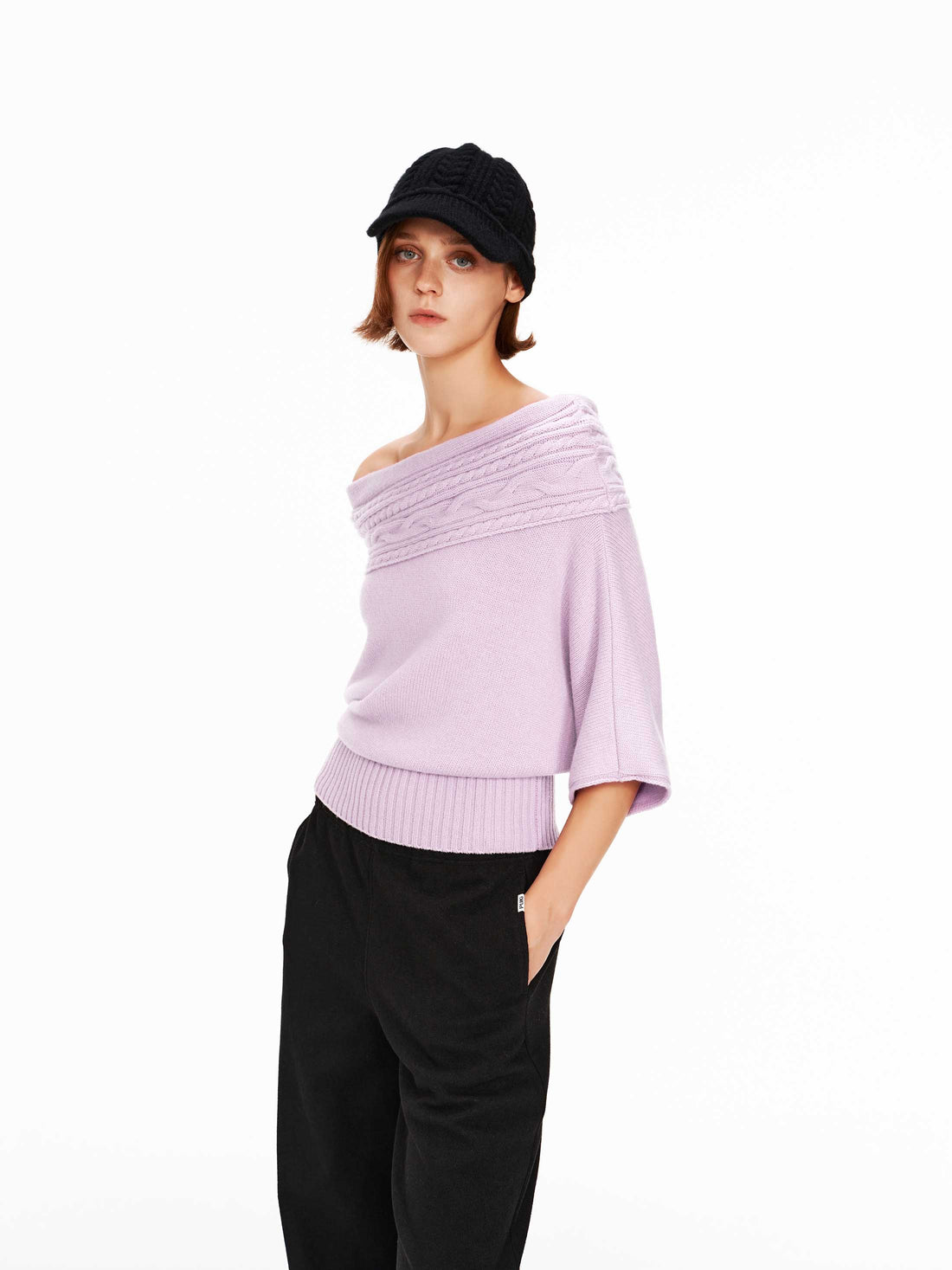 70s-Inspired Cable Knit Off-Shoulder Sweater