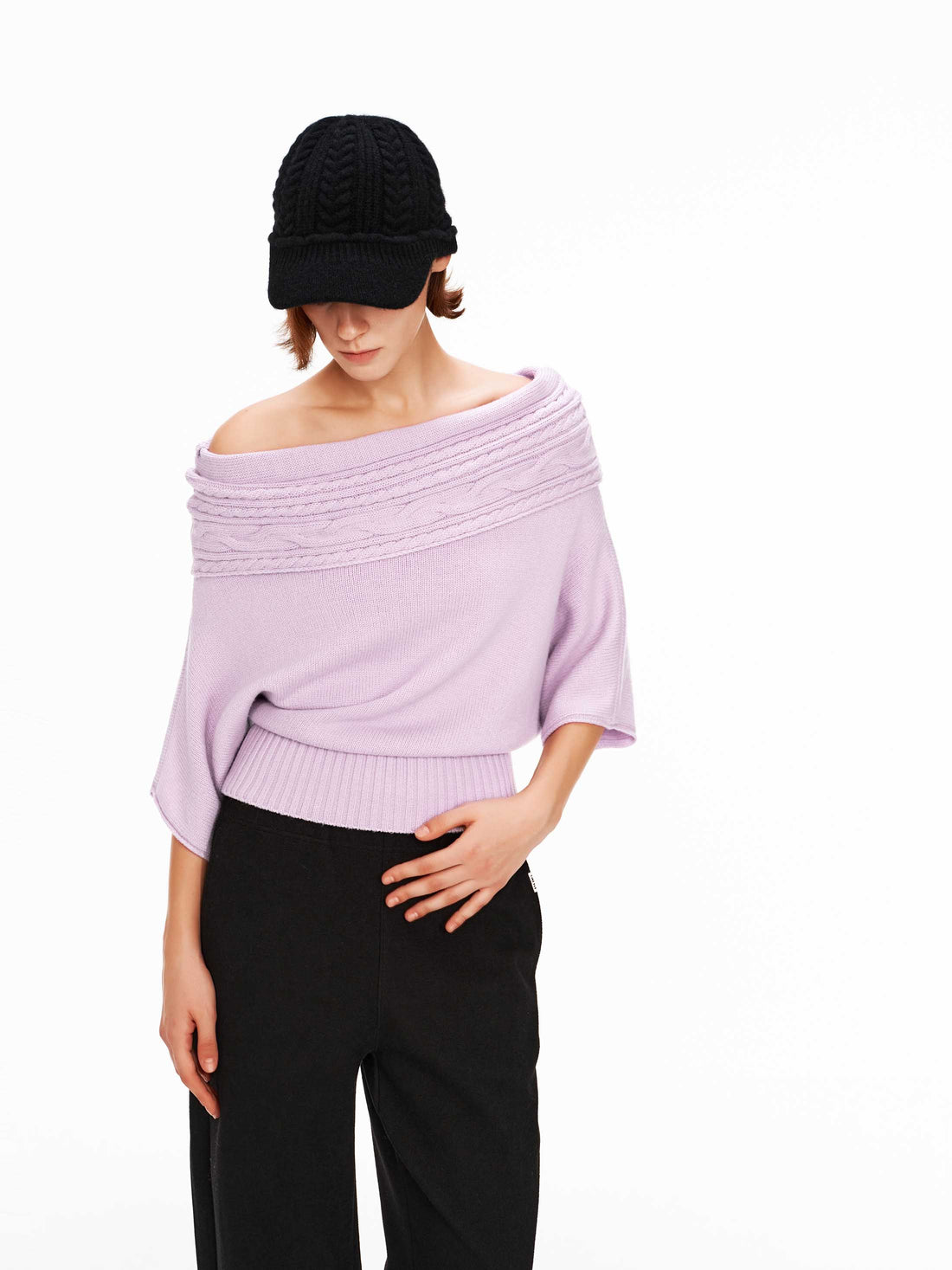 70s-Inspired Cable Knit Off-Shoulder Sweater