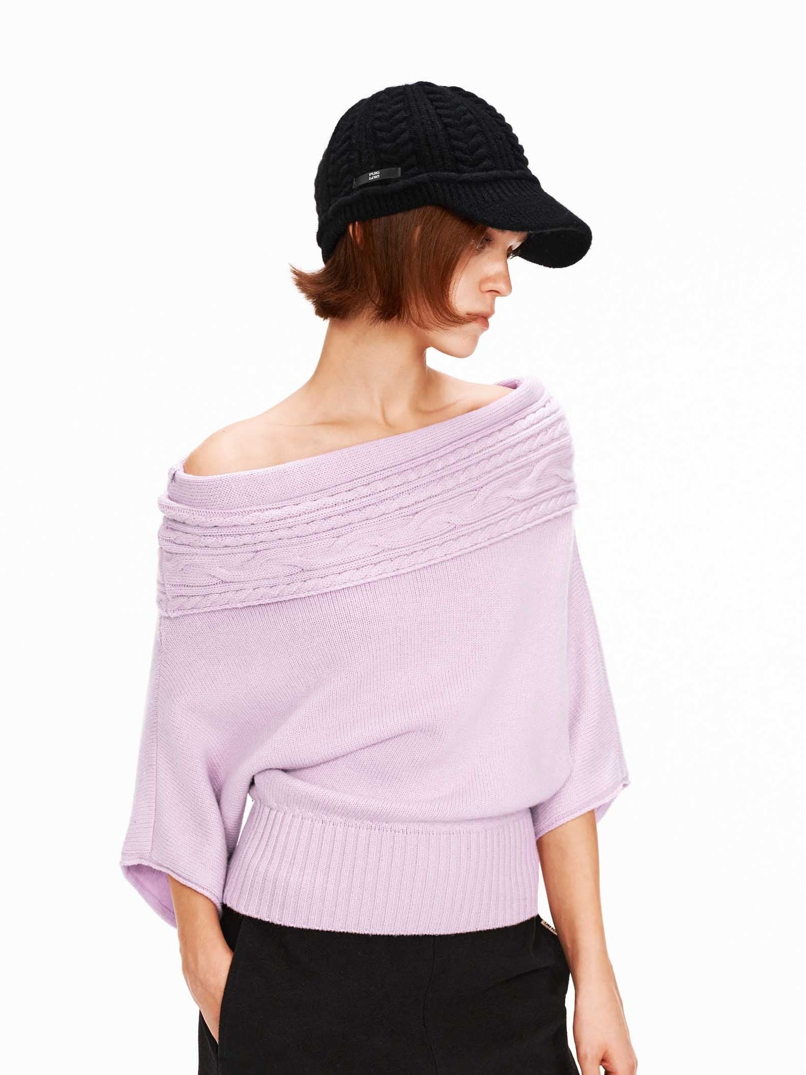 70s-Inspired Cable Knit Off-Shoulder Sweater