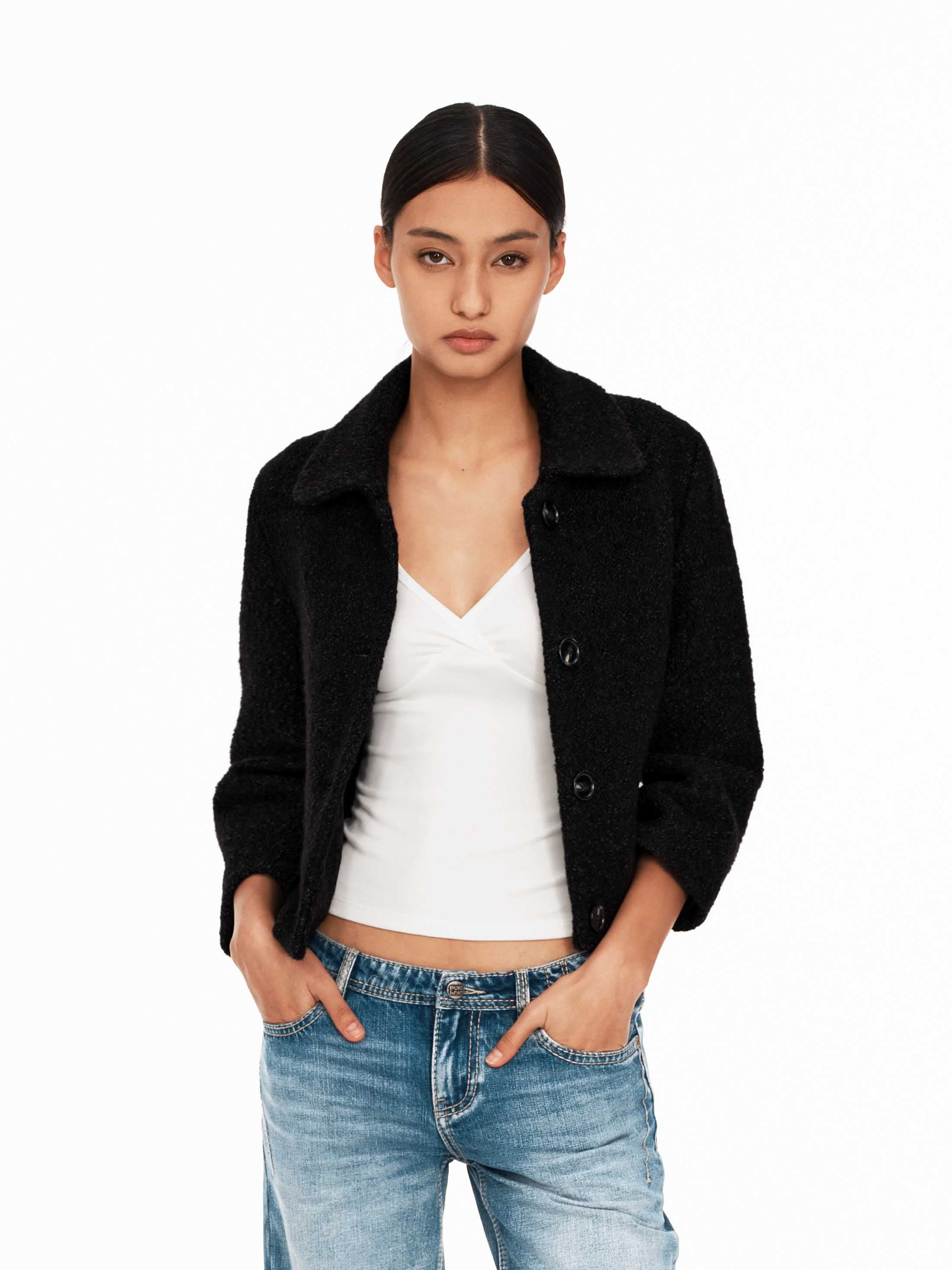 Textured Tweed Three-Quarter Sleeve Jacket