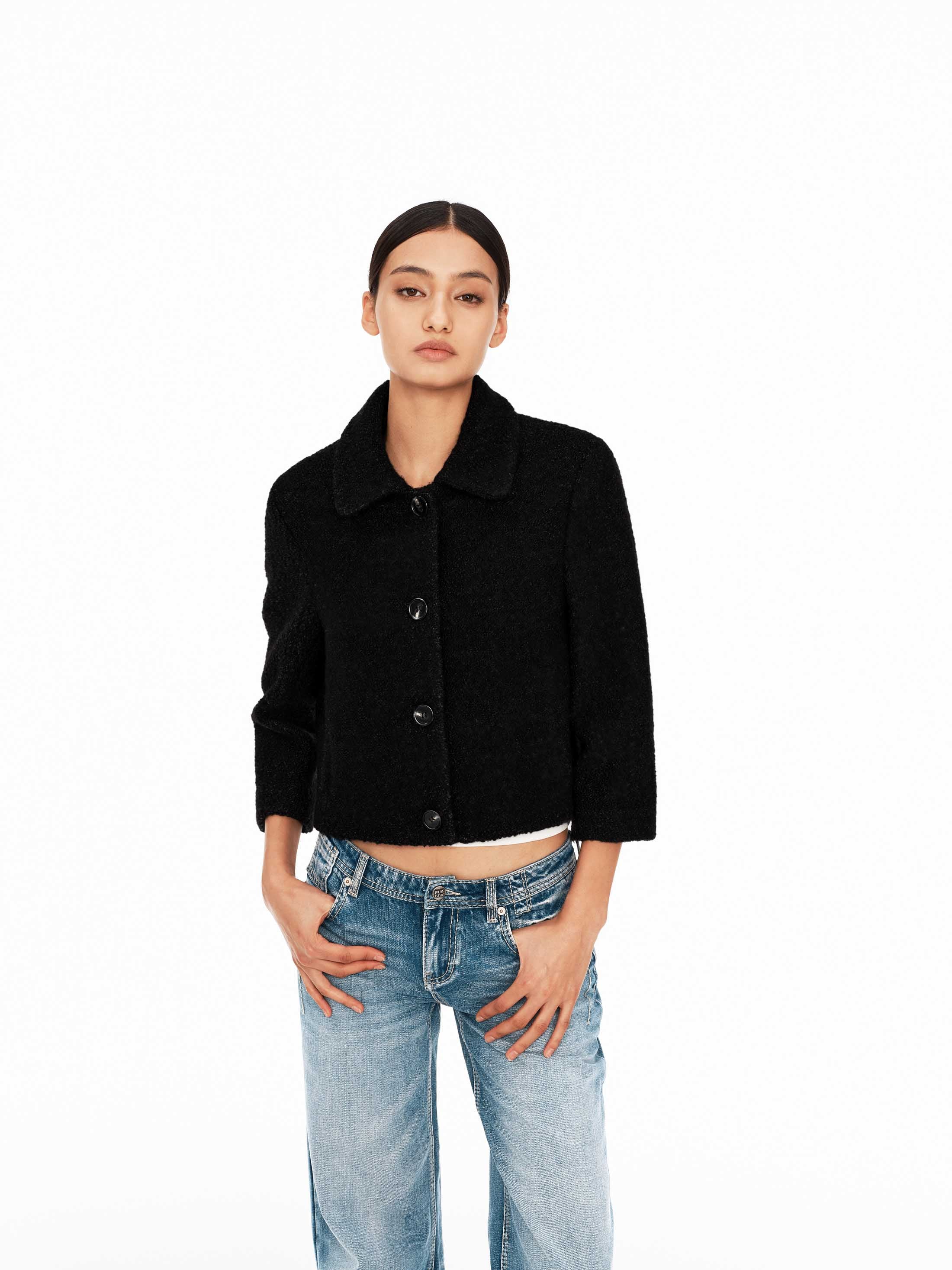 Textured Tweed Three-Quarter Sleeve Jacket