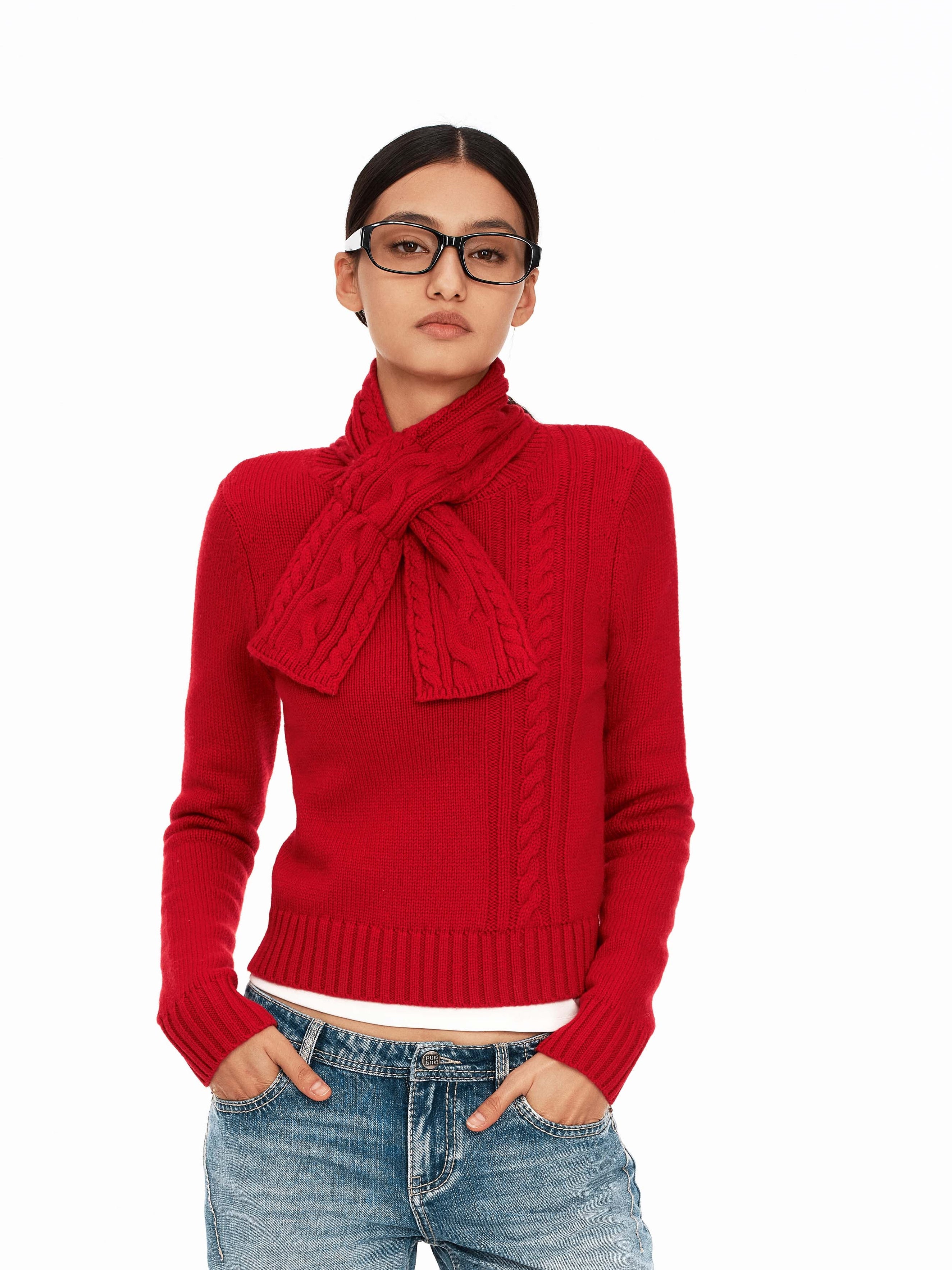 Asymmetrical Scarf Cable-Knit Wool Sweater