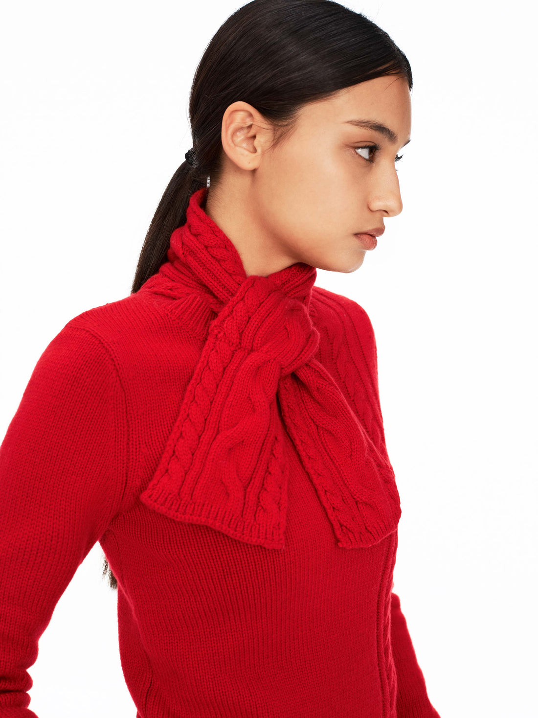 Asymmetrical Scarf Cable-Knit Wool Sweater
