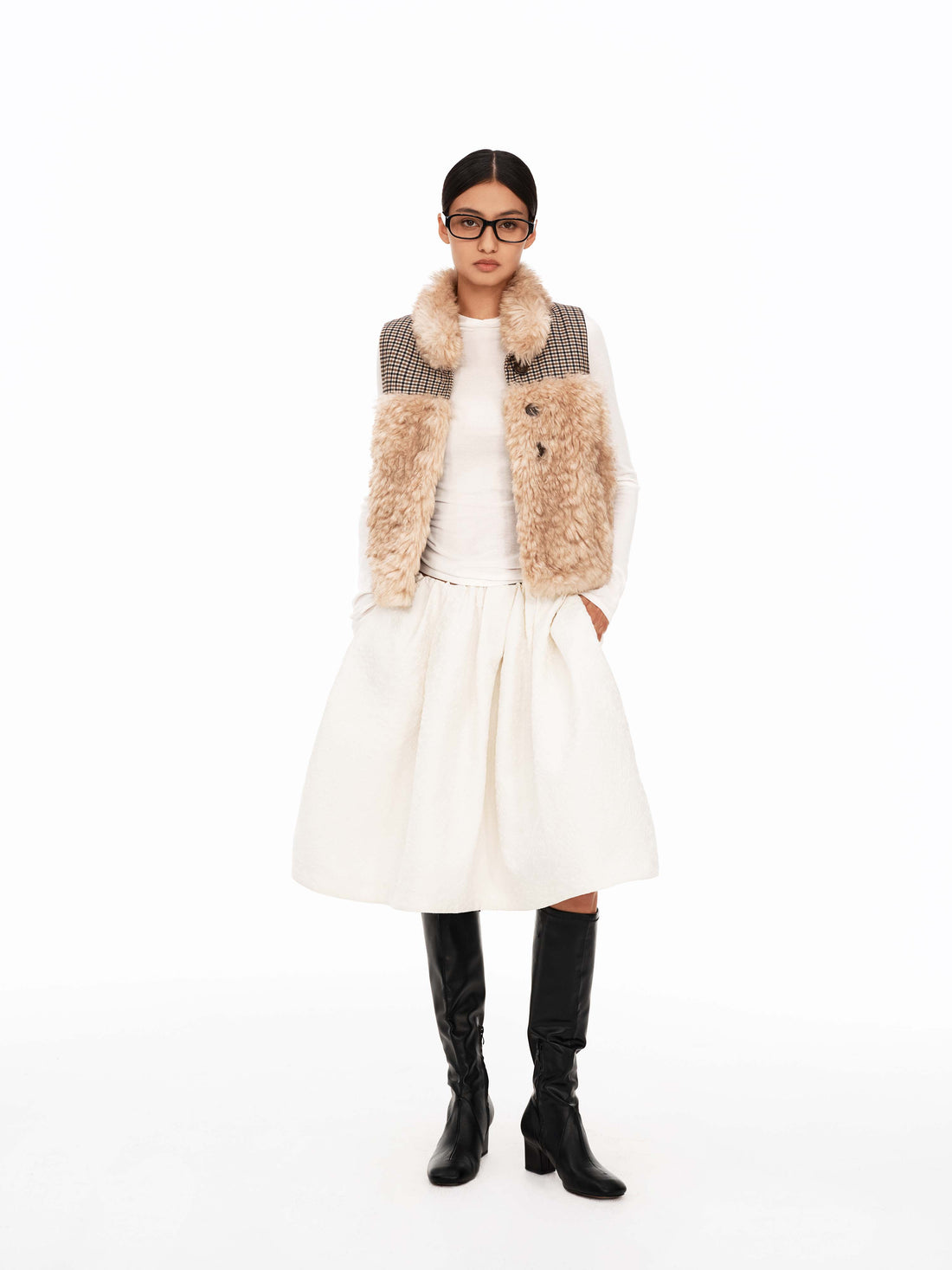 Tipped Faux-Fur Plaid Vest