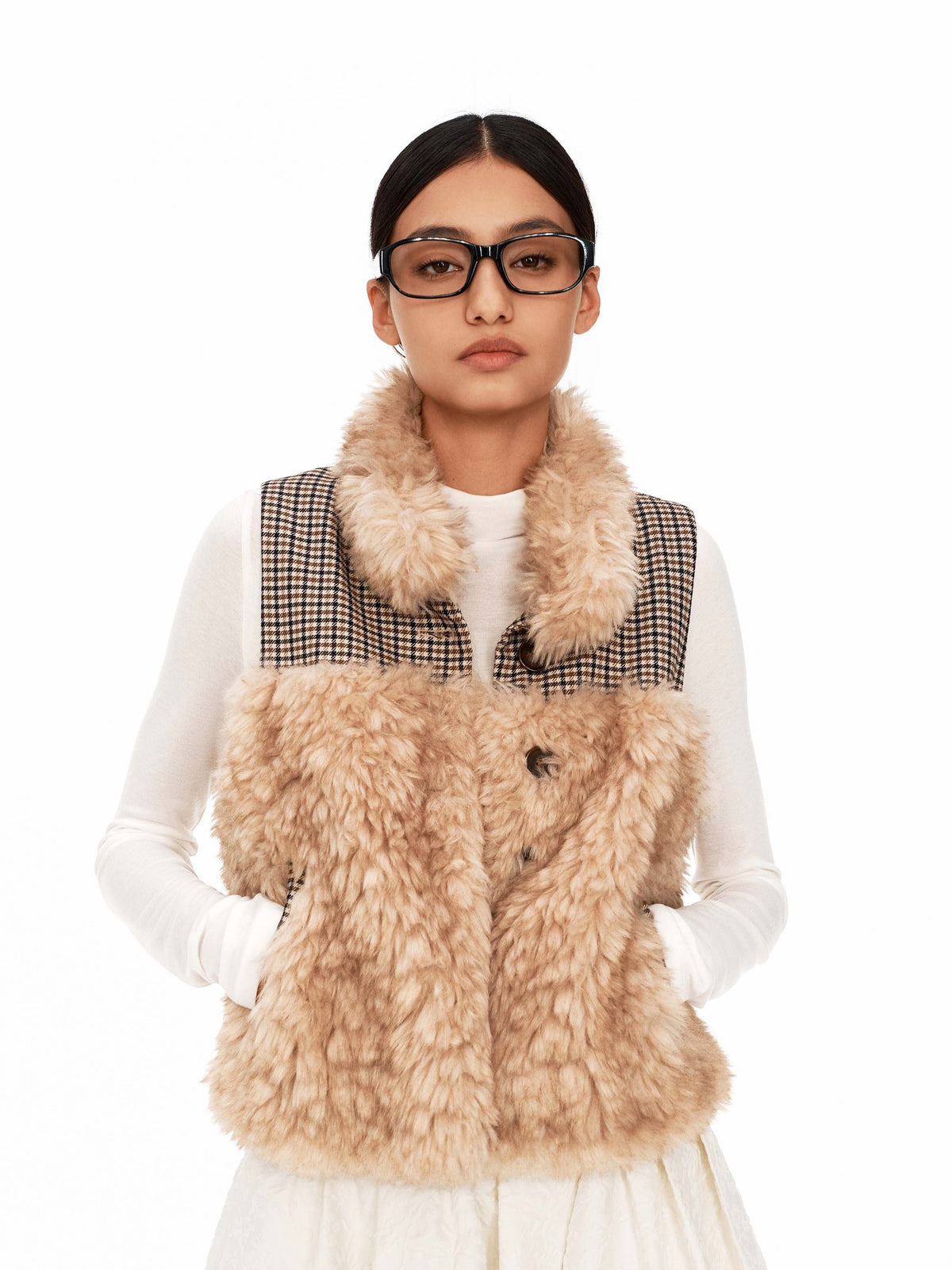 Tipped Faux-Fur Plaid Vest
