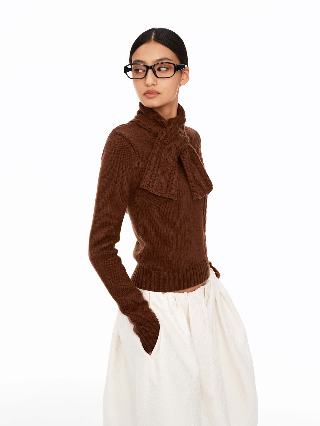 Asymmetrical Scarf Cable-Knit Wool Sweater