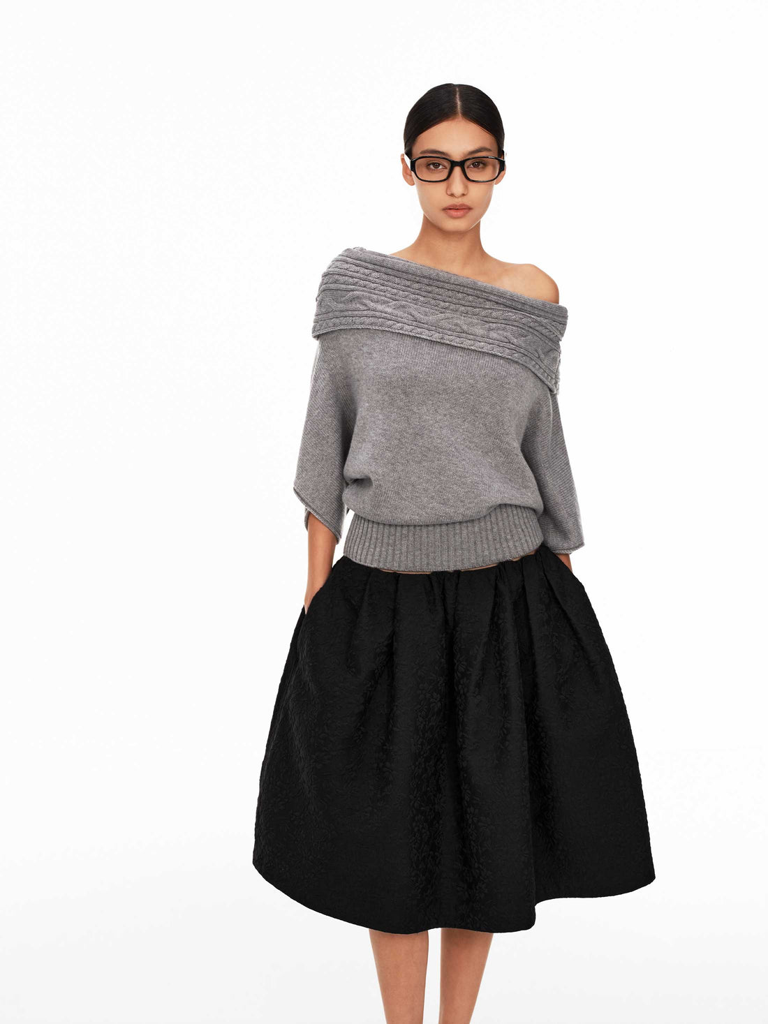 70s-Inspired Cable Knit Off-Shoulder Sweater