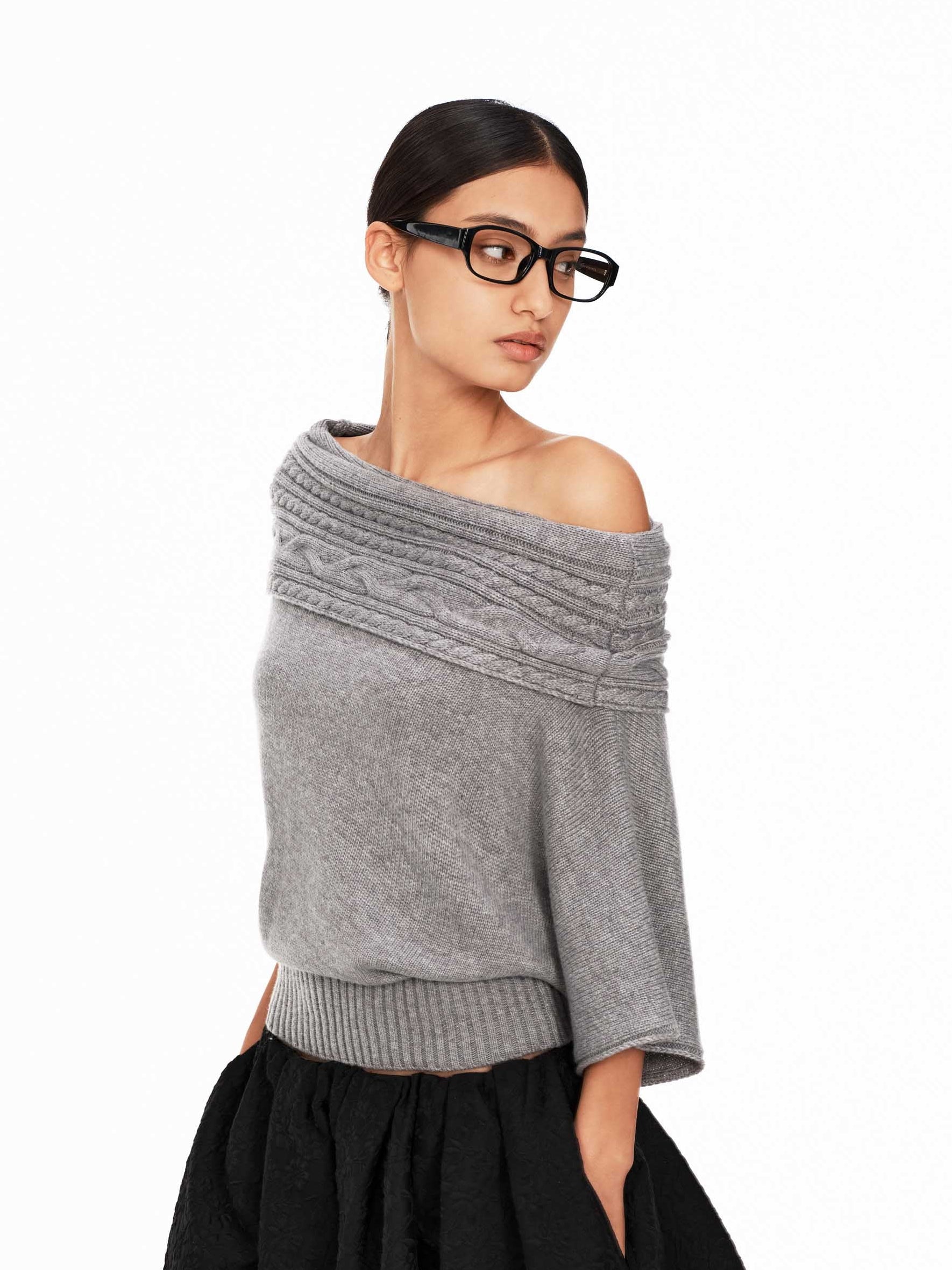 70s-Inspired Cable Knit Off-Shoulder Sweater