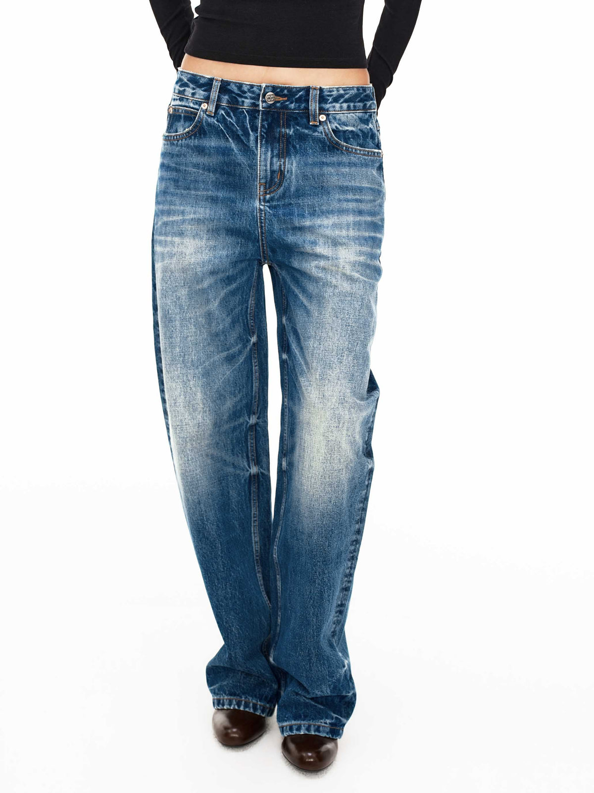 Handcrafted Whisker Mid-Rise Curved Denim Jeans