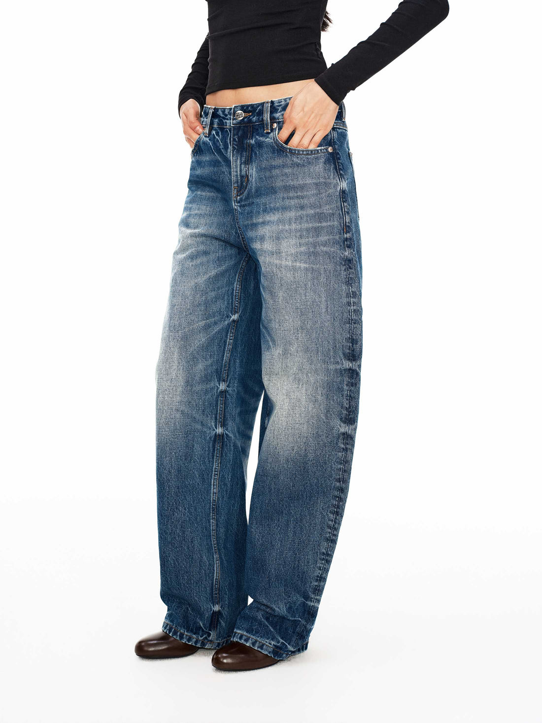 Handcrafted Whisker Mid-Rise Curved Denim Jeans