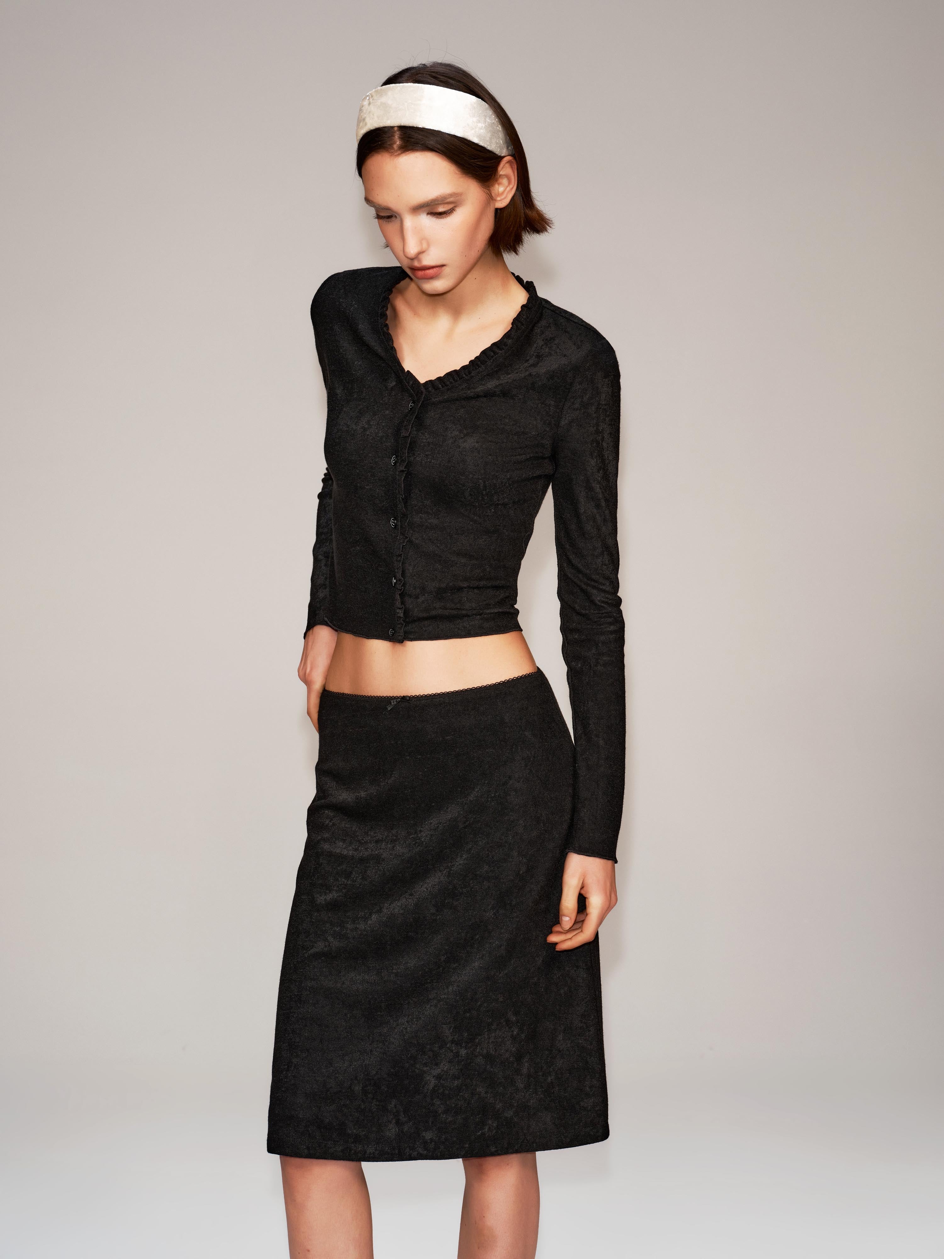 Textured Knit Scallop Top & Bow Skirt Set