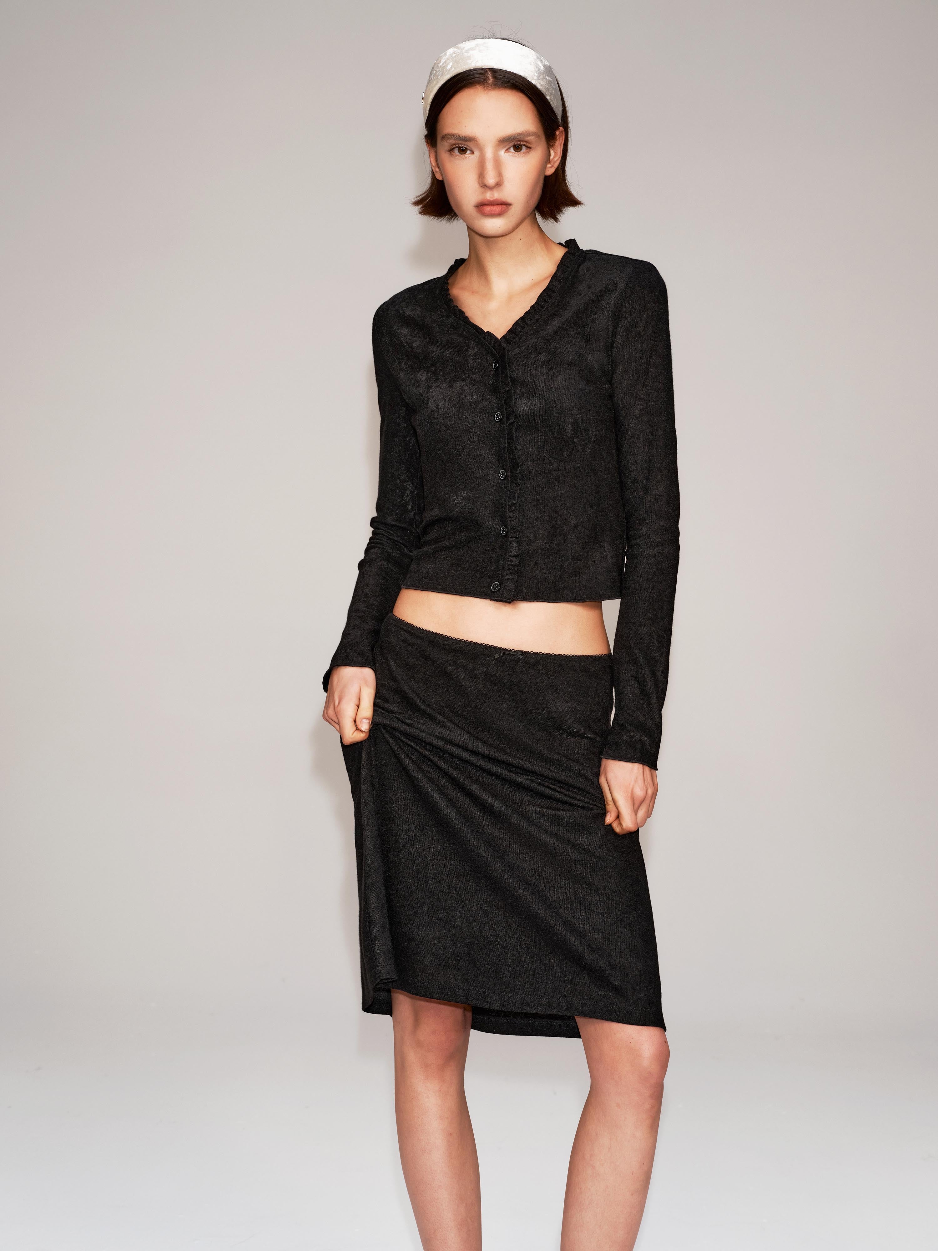 Textured Knit Scallop Top & Bow Skirt Set