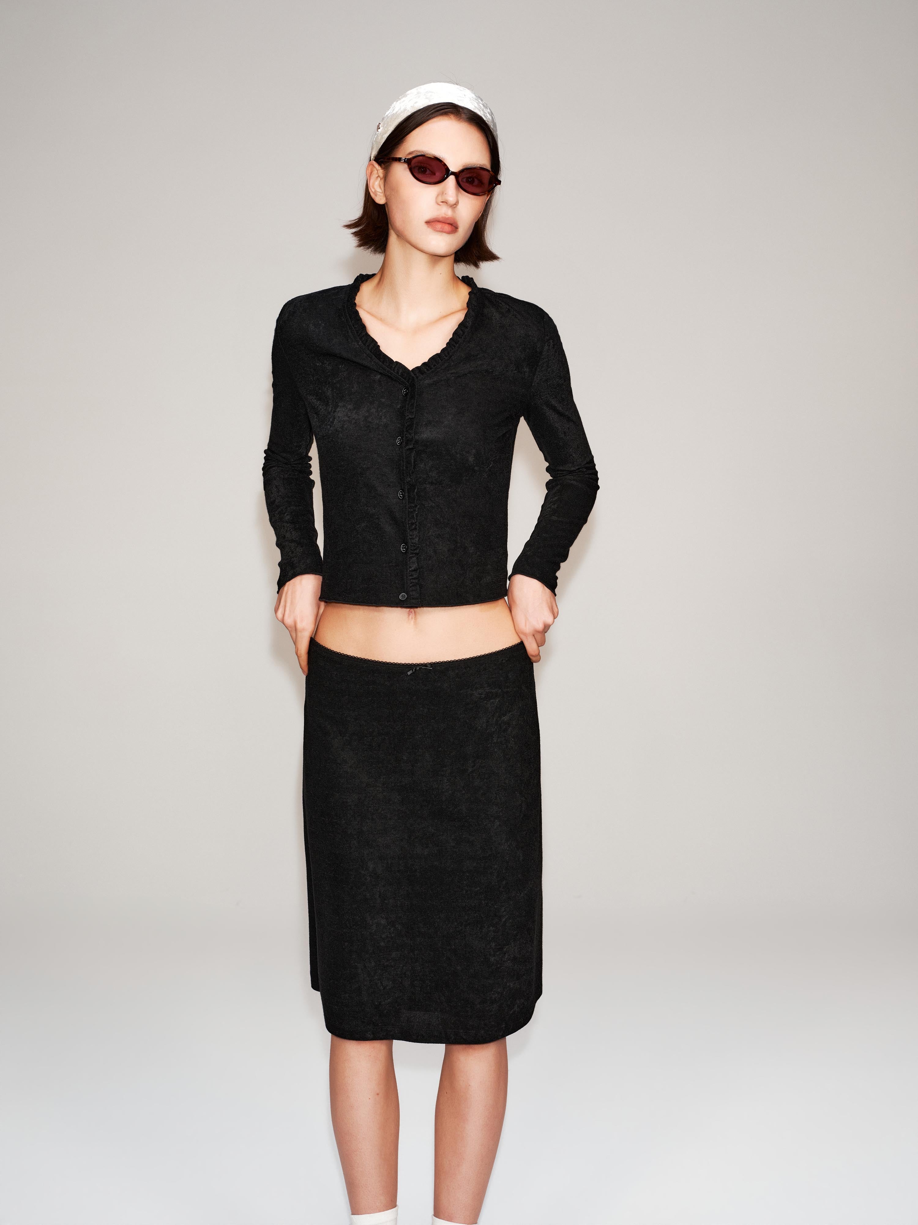 Textured Knit Scallop Top & Bow Skirt Set