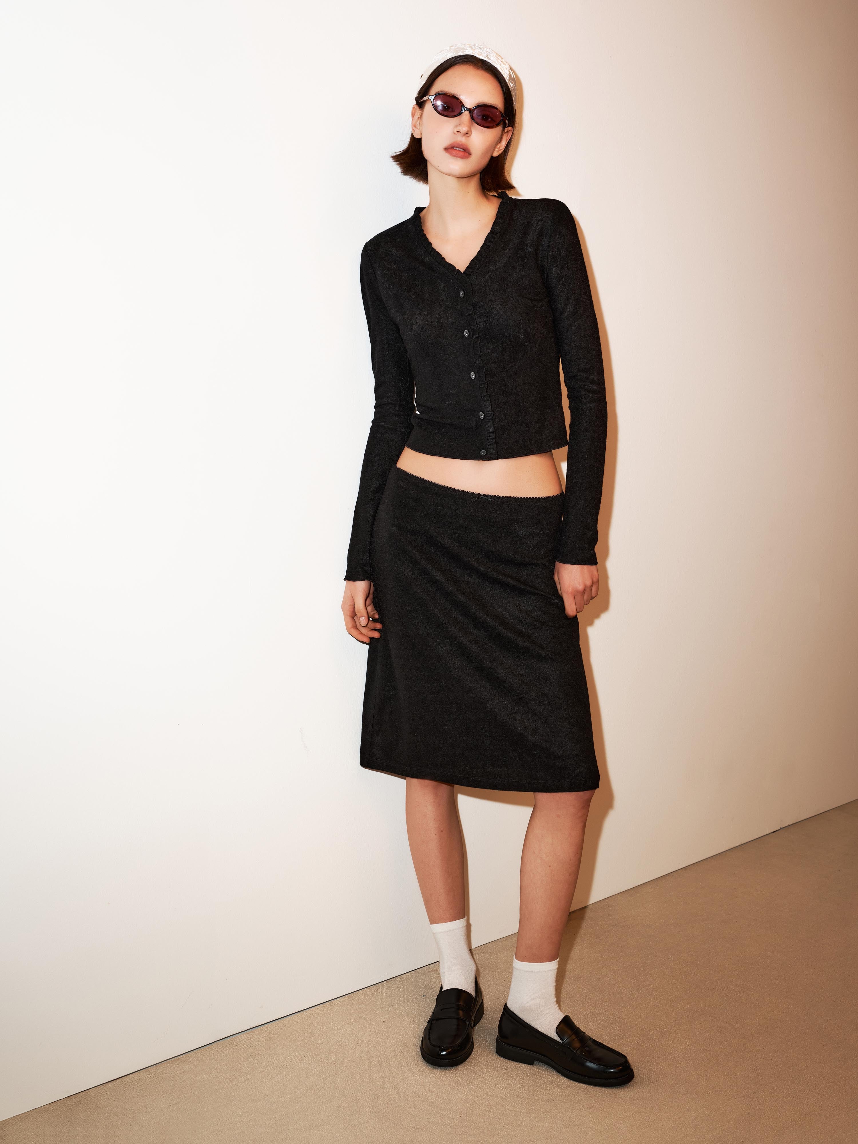 Textured Knit Scallop Top & Bow Skirt Set