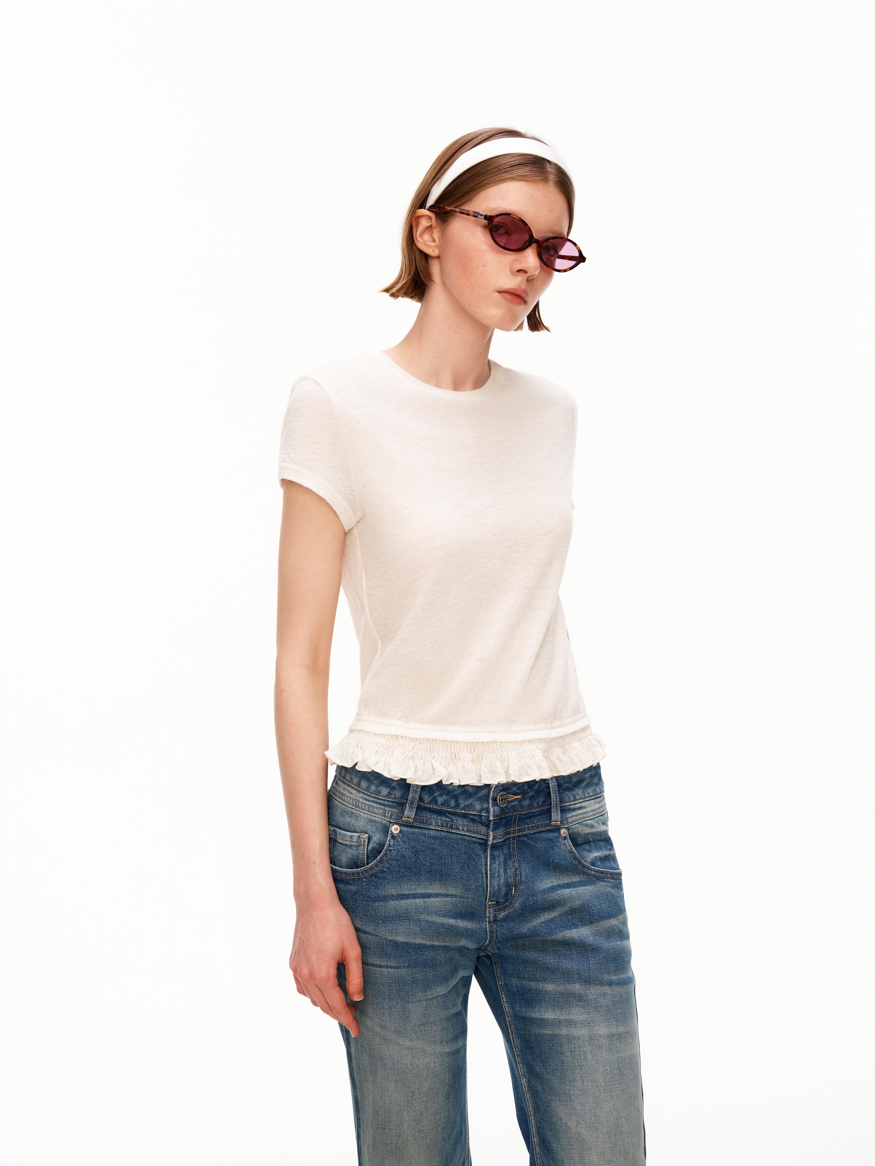 เสื้อจับจีบผ้าขนสัตว์ลาย Jacquard