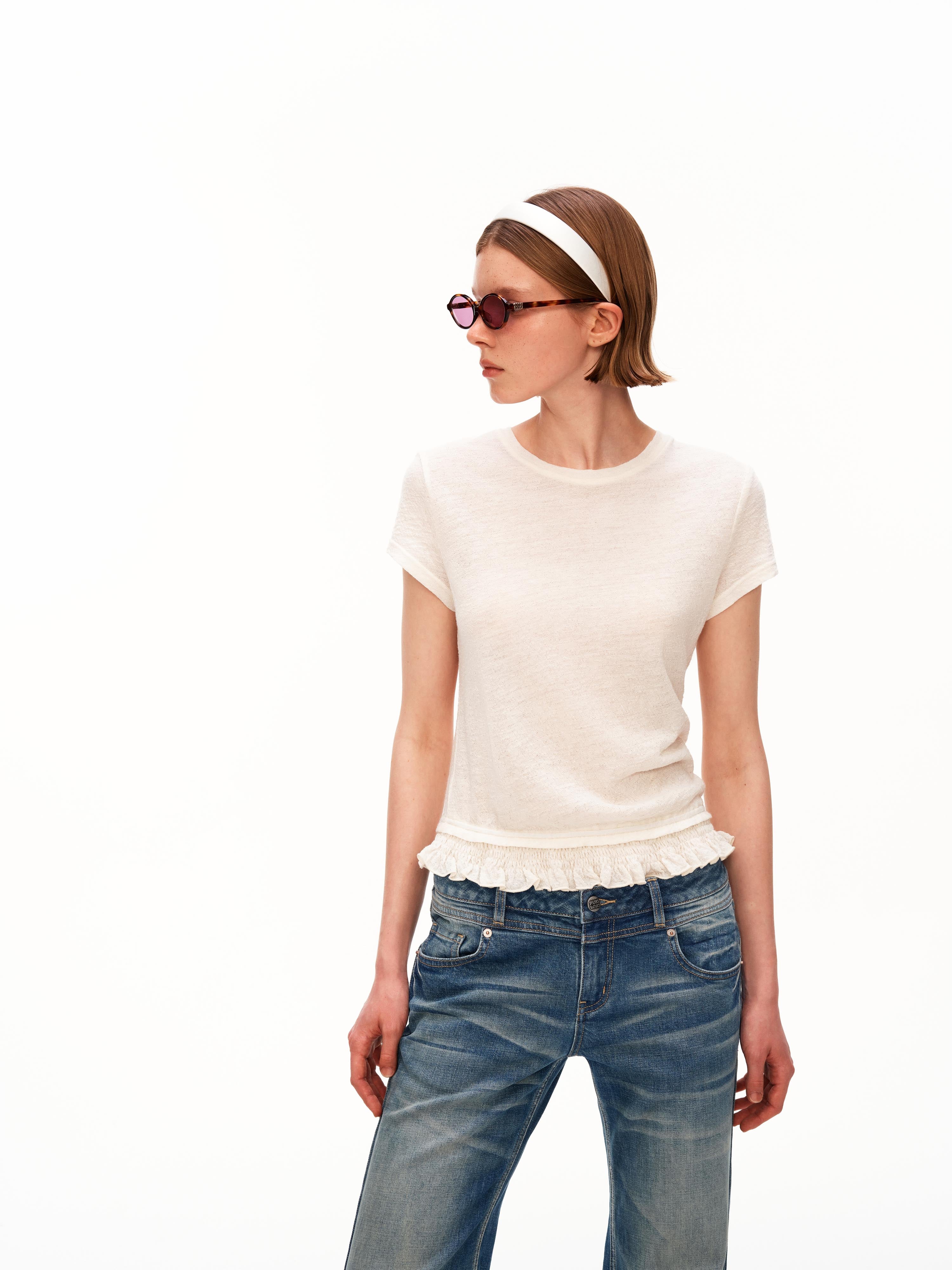 เสื้อจับจีบผ้าขนสัตว์ลาย Jacquard