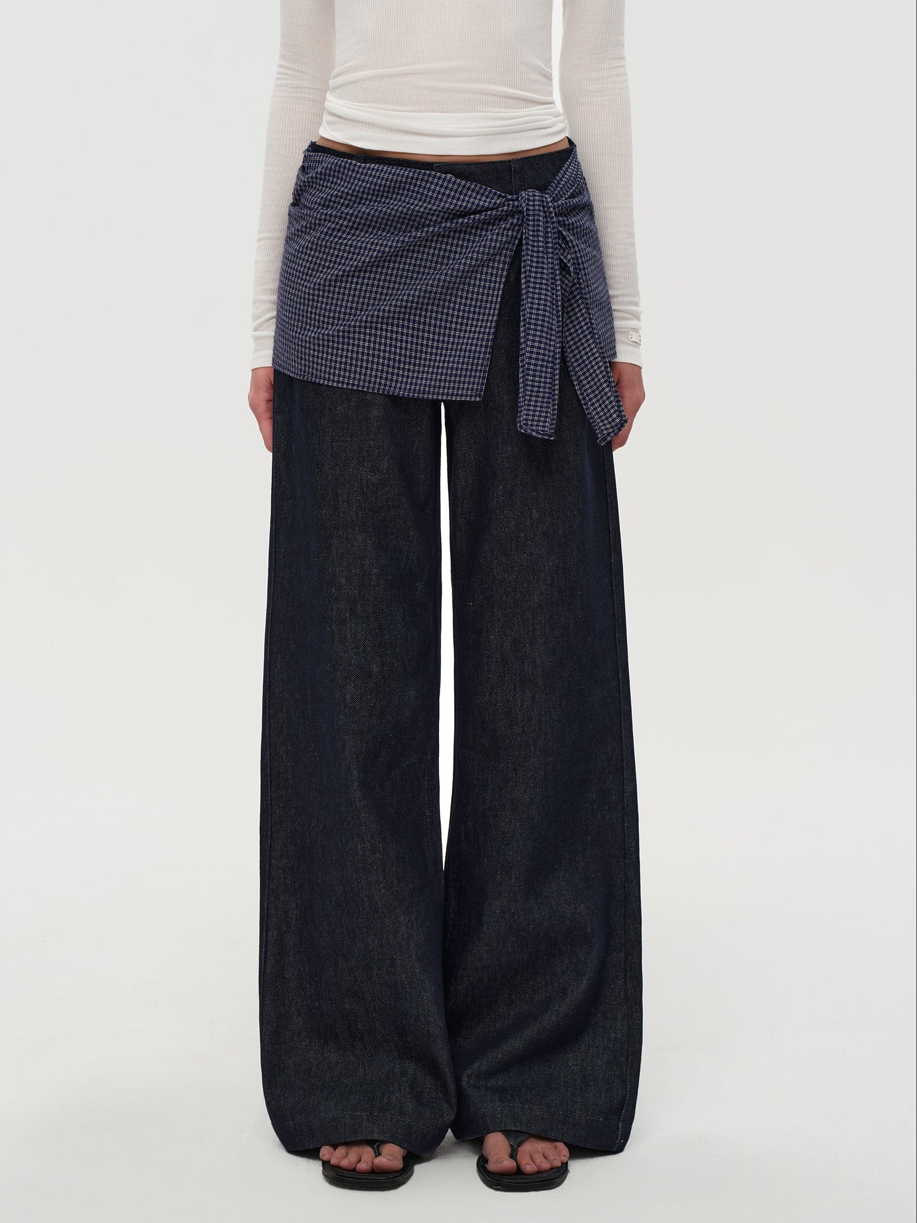 Gingham Tie Straight-Leg Jeans