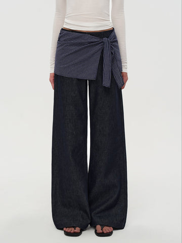 Gingham Tie Straight-Leg Jeans