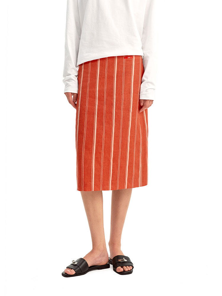 Linen Midi Skirt — Vintage Striped Relaxed A-Line