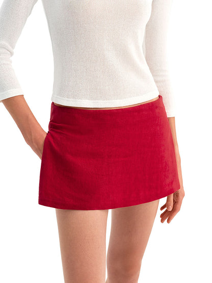 Red Linen Straight Mini Skirt