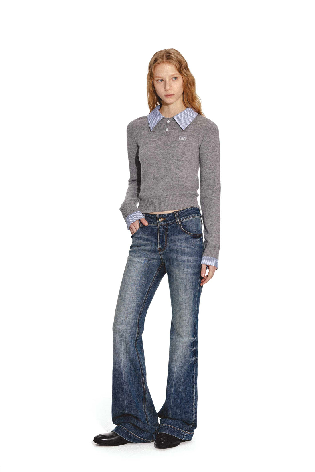 Wool-Blend Faux Two-Piece Check Contrast Polo Knit Top