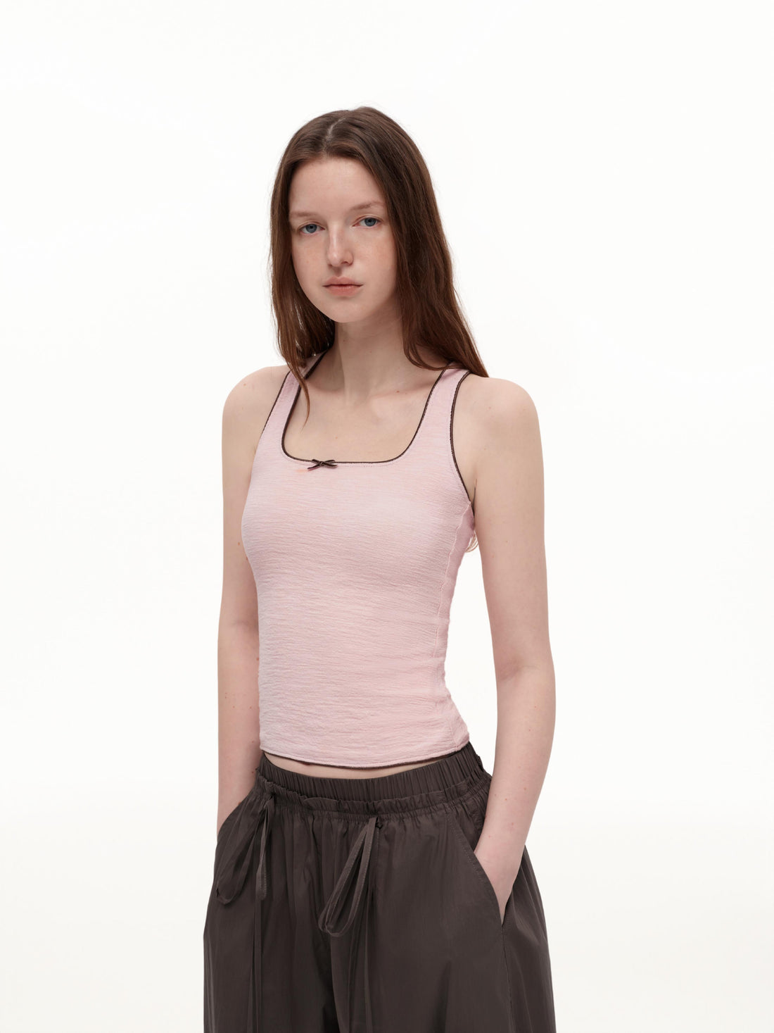 Color-Block Bow Slim Fit Textured Tank Top