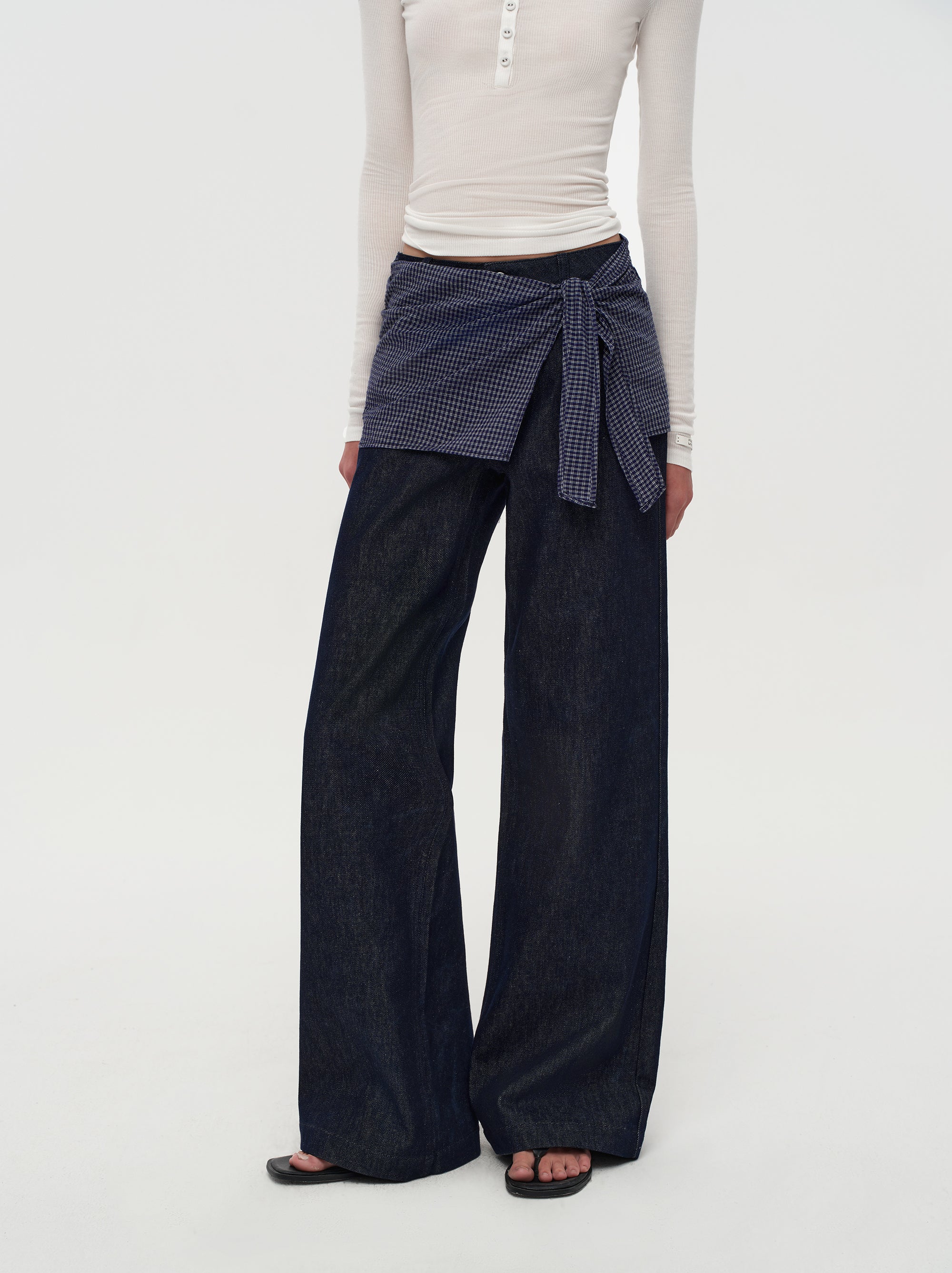 Gingham Tie Straight-Leg Jeans