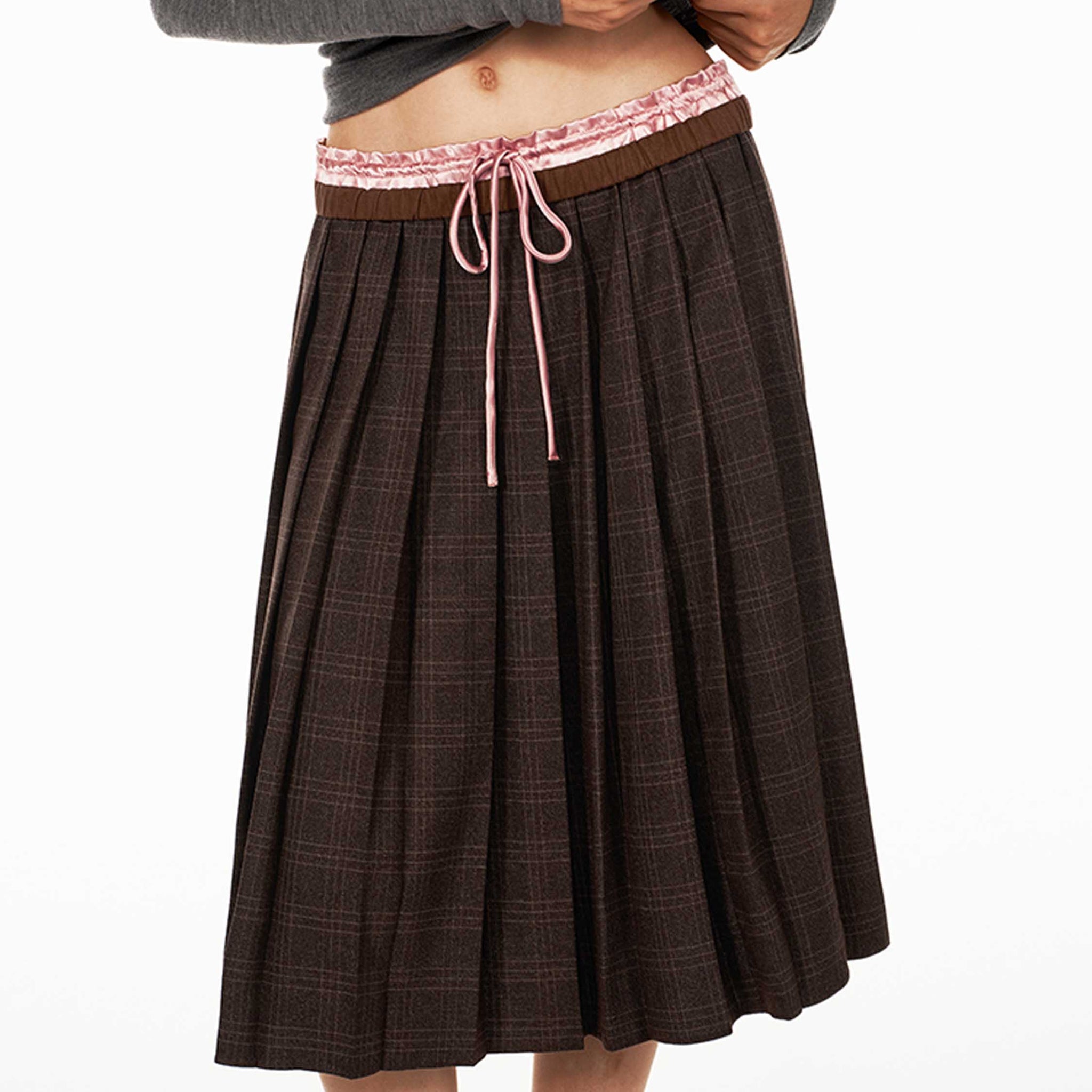 Double-Waistband Plaid Pleated Skirt
