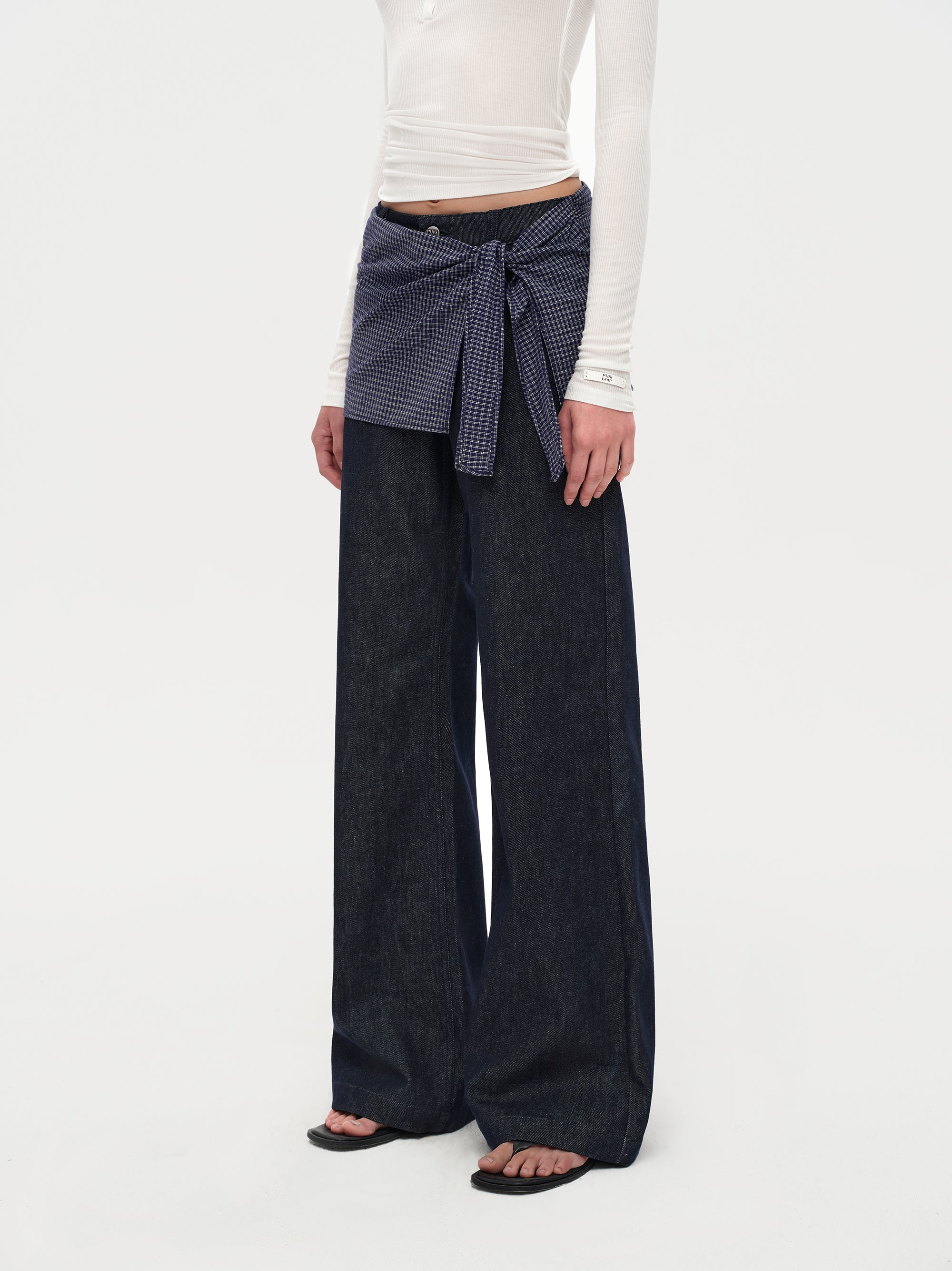 Gingham Tie Straight-Leg Jeans