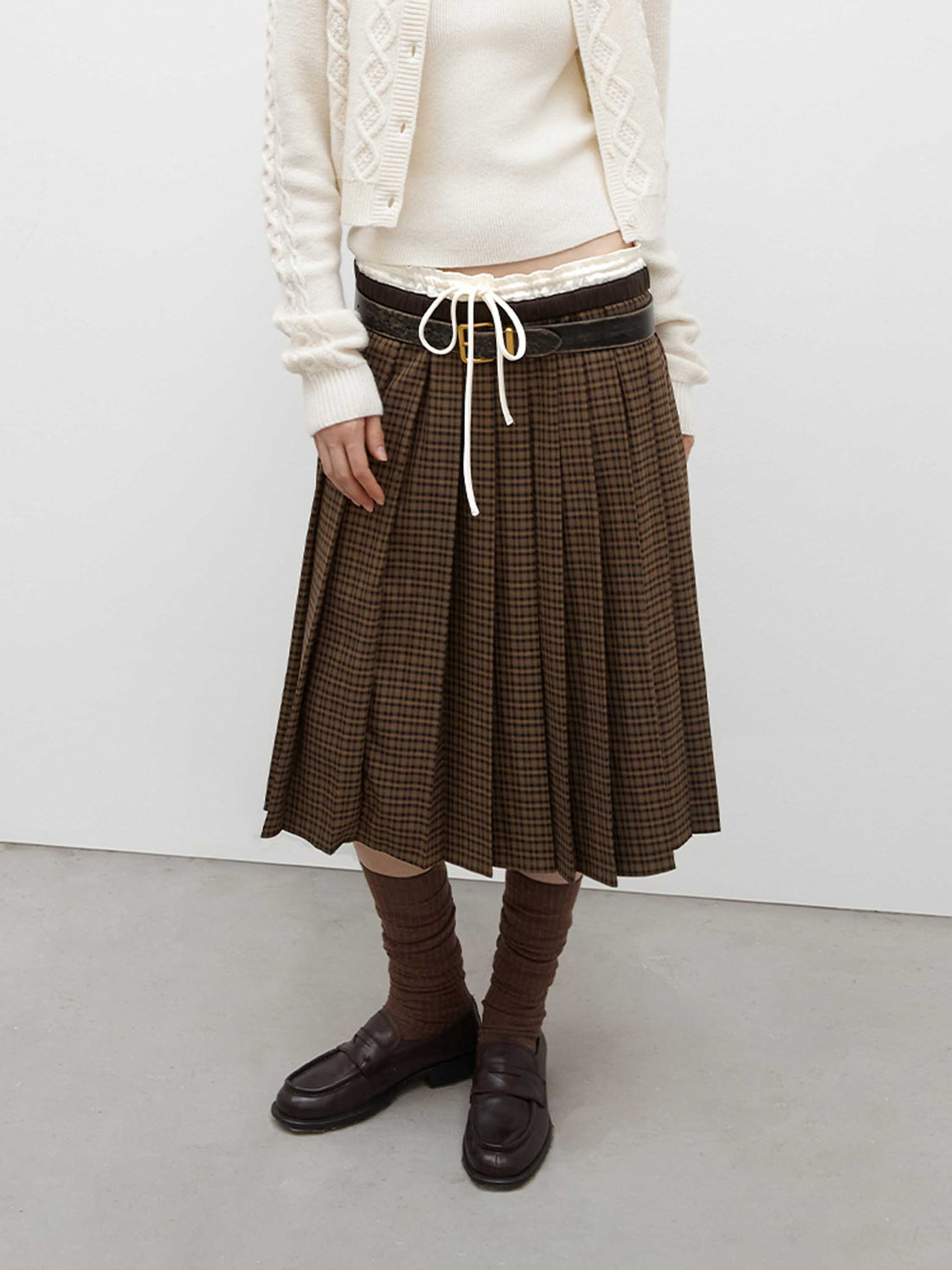 Plaid Pleated Skirt with Contrast Waistband