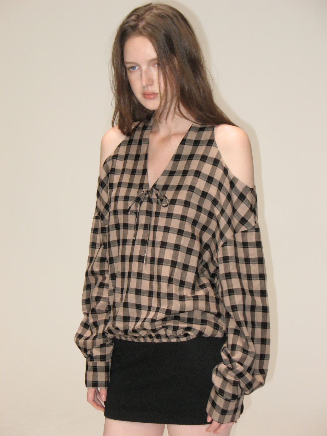 Tencel Plaid Off-Shoulder Top