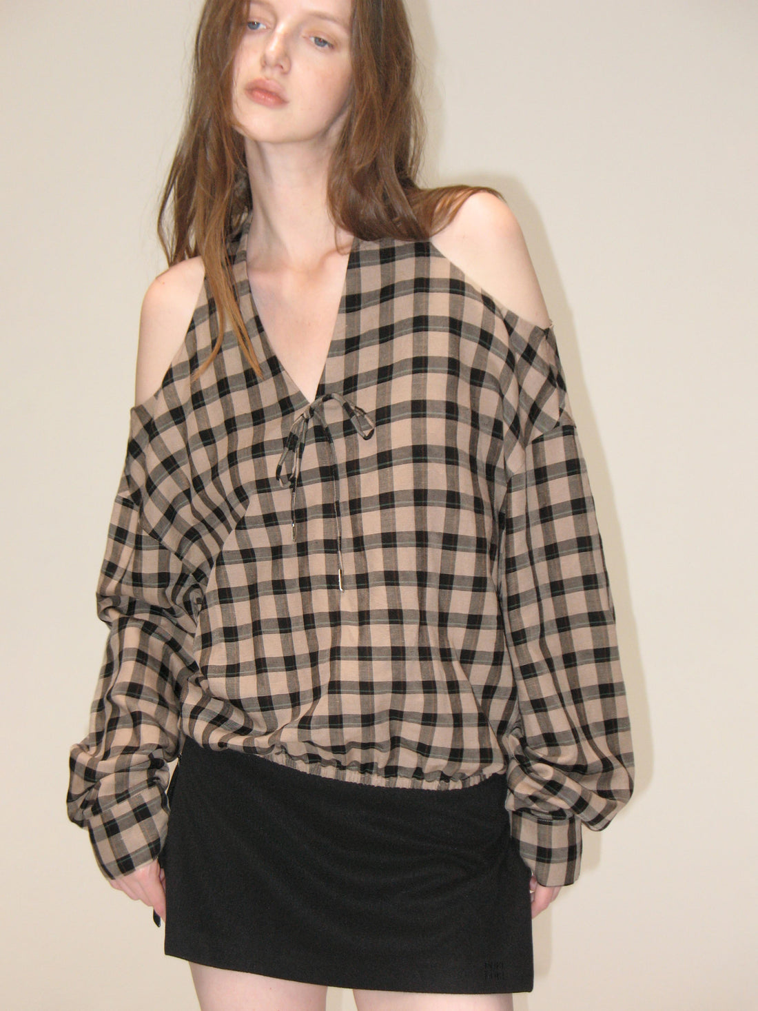 Tencel Plaid Off-Shoulder Top