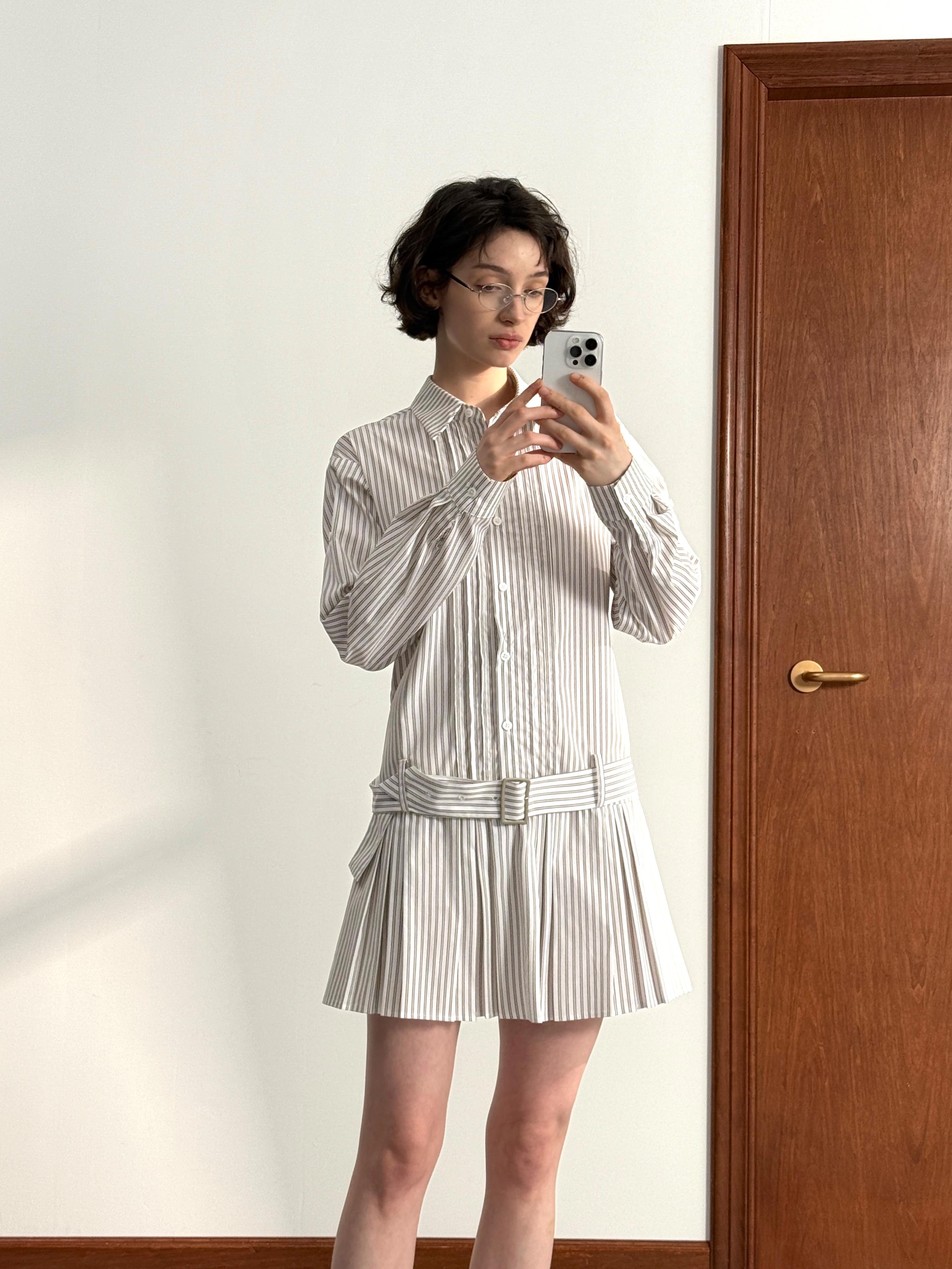 스트라이프 플리츠 셔츠 원피스