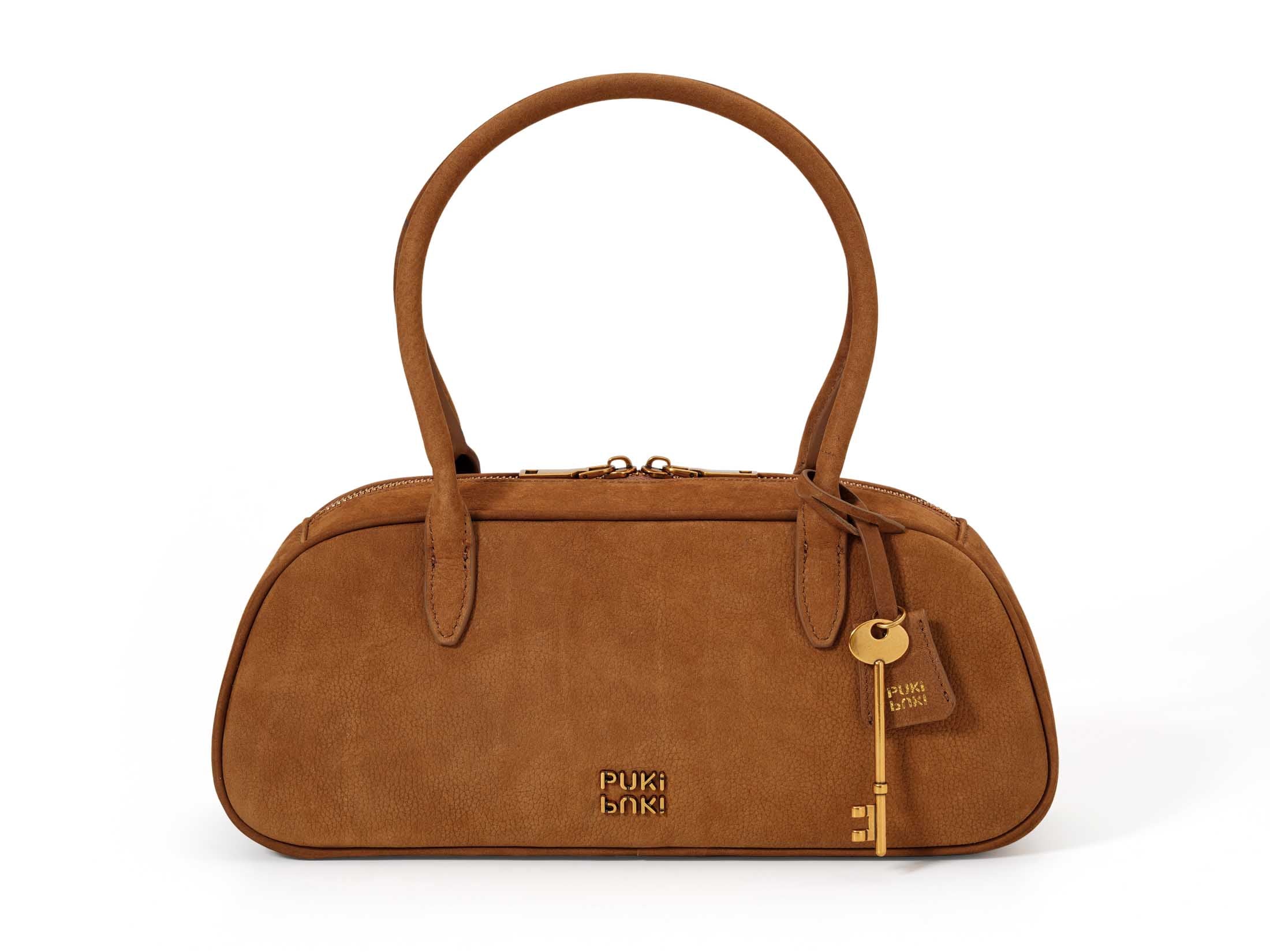 Vintage Suede Leather Boston Bag with Grained Cowhide
