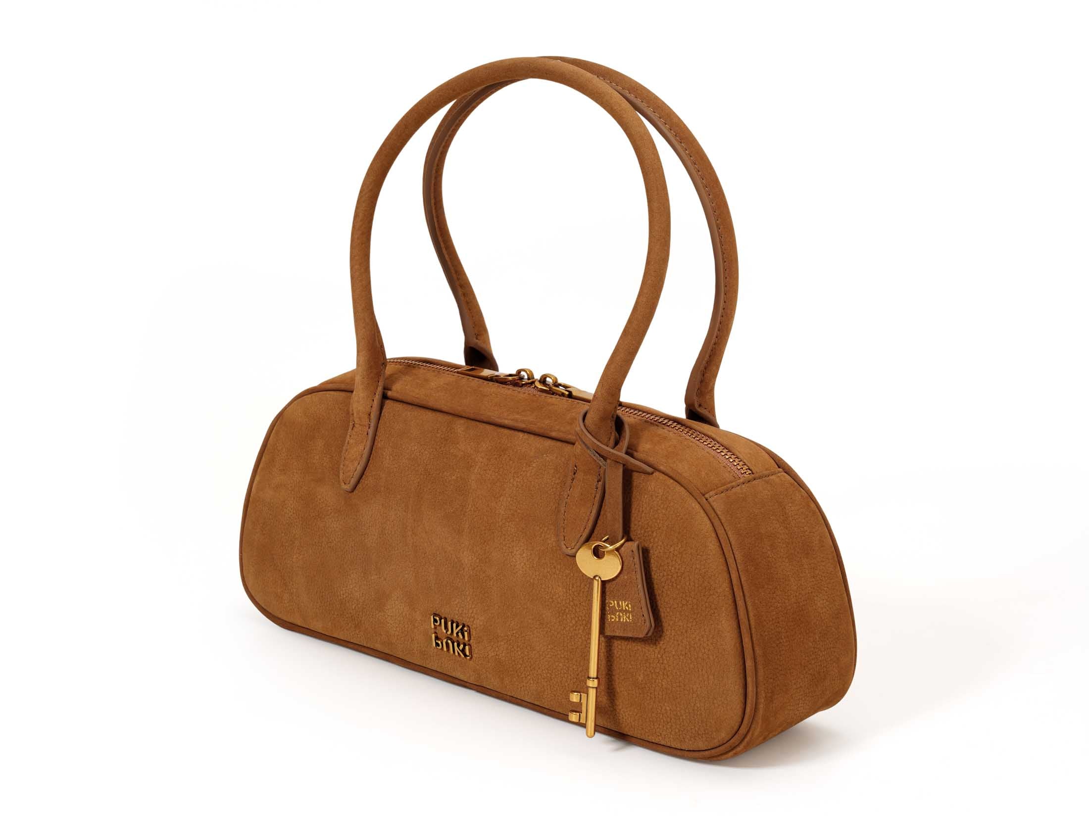 Vintage Suede Leather Boston Bag with Grained Cowhide