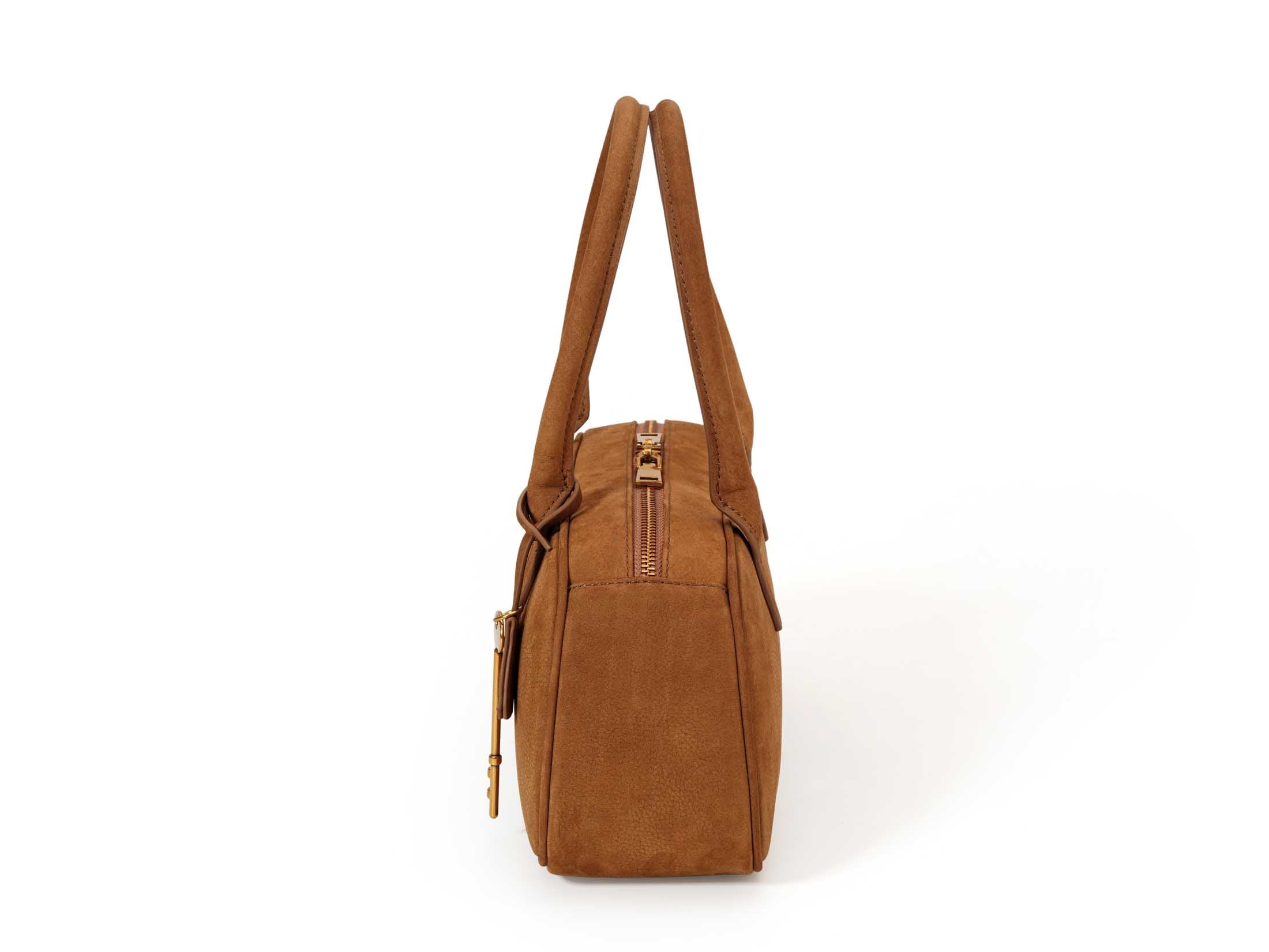 Vintage Suede Leather Boston Bag with Grained Cowhide