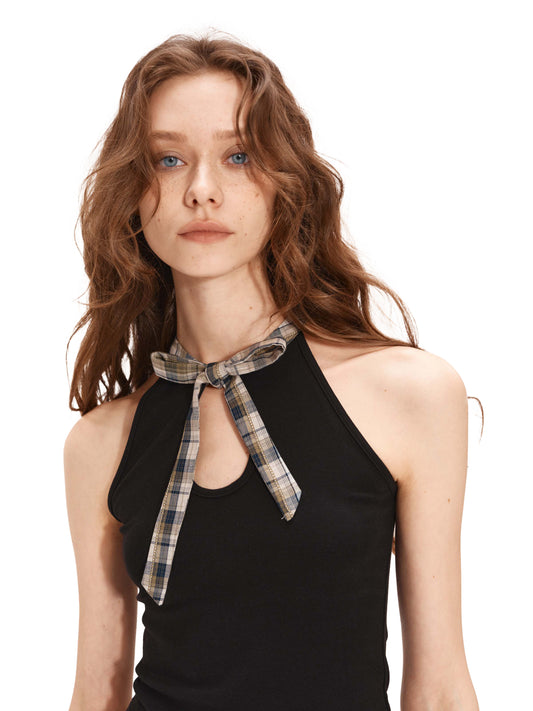 Bow-Detailed Plaid Bustier Top